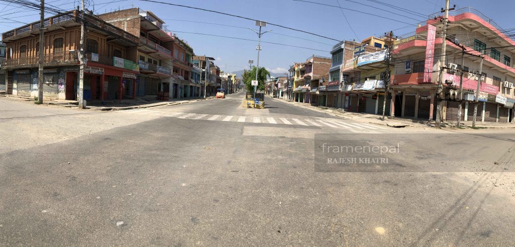 Nepal Lockdown, Tulsipur Bazar Lockdown,Dang District. Nepal government has prohibited everyone from coming out of their houses from 11-25 Chaitra, with people involved in essential services being the exception. 
